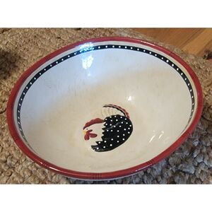 XL Decorative Serving Bowl w Broody Hen Cream Red Black Family-Style Salad Rolls